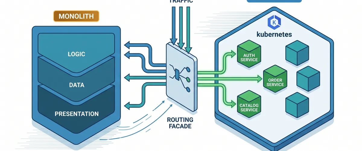 Blog post image for Migrating a Monolith to Kubernetes Without a Big-Bang Cutover - Using the strangler-fig pattern to move a large monolith onto EKS service by service, with a routing facade, gradual traffic shifting, and a rollback at every step.